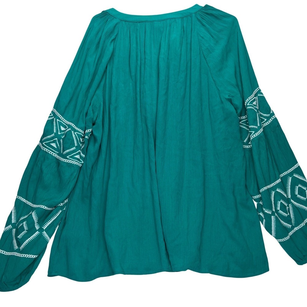 Lane Bryant Teal Embroidered Peasant Blouse Tassel Tie Top Size 18 Boho Rayon - Picture 2 of 13